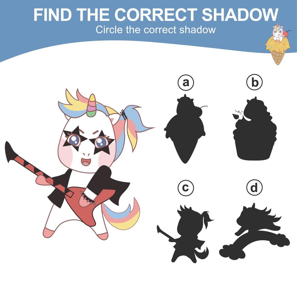 Find the correct shadow. Matching unicorn shadow game for children. Worksheet for kid. Educational printable worksheet. Vector illustration.