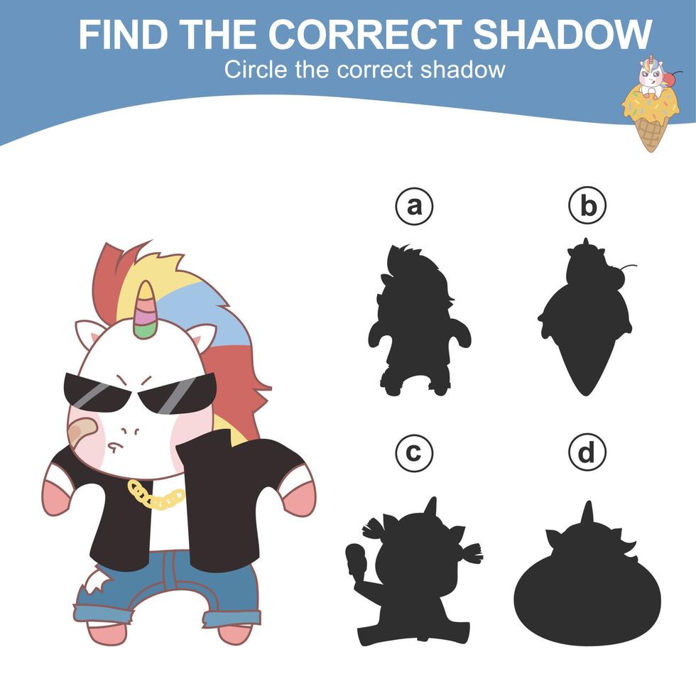 Find the correct shadow. Matching unicorn shadow game for children. Worksheet for kid. Educational printable worksheet. Vector illustration.