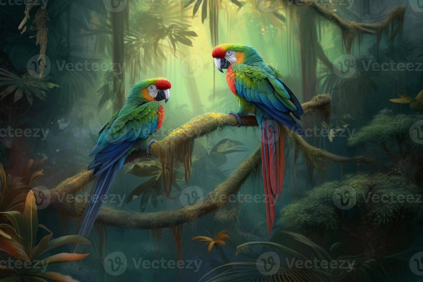 Tropical forest parrots. Generate Ai photo