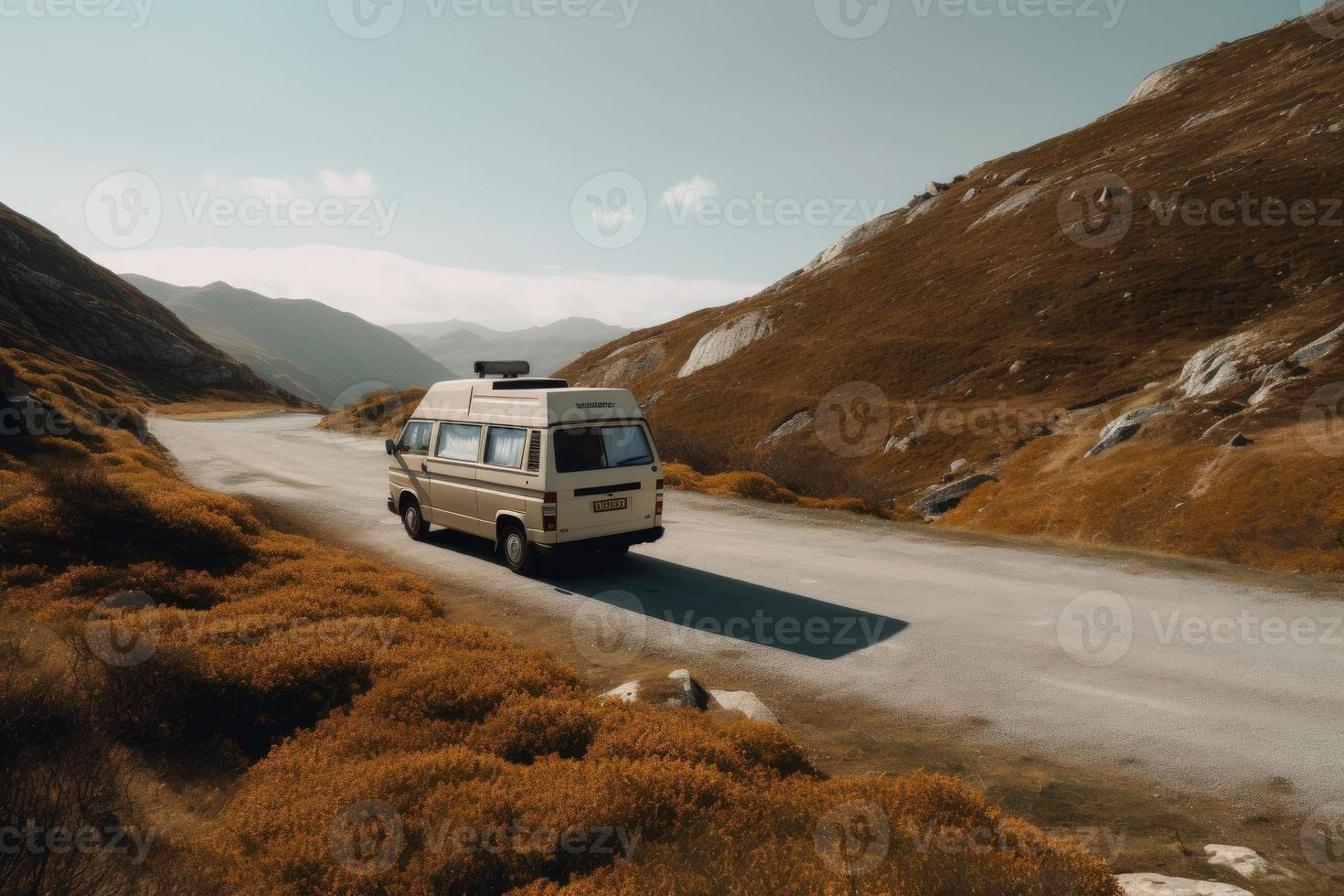 Campervan travel in mountains. Generate Ai photo