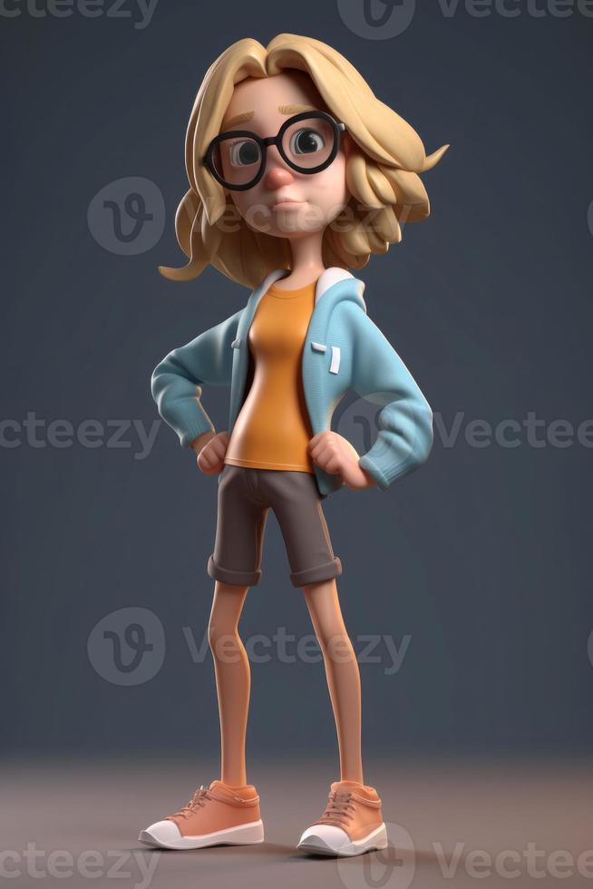 3d cartoon girl with glasses. Generate Ai photo