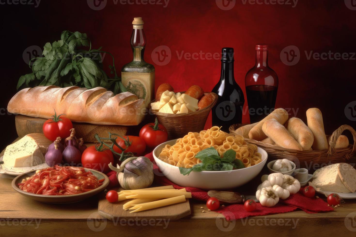 Italian food full table. Generate Ai photo