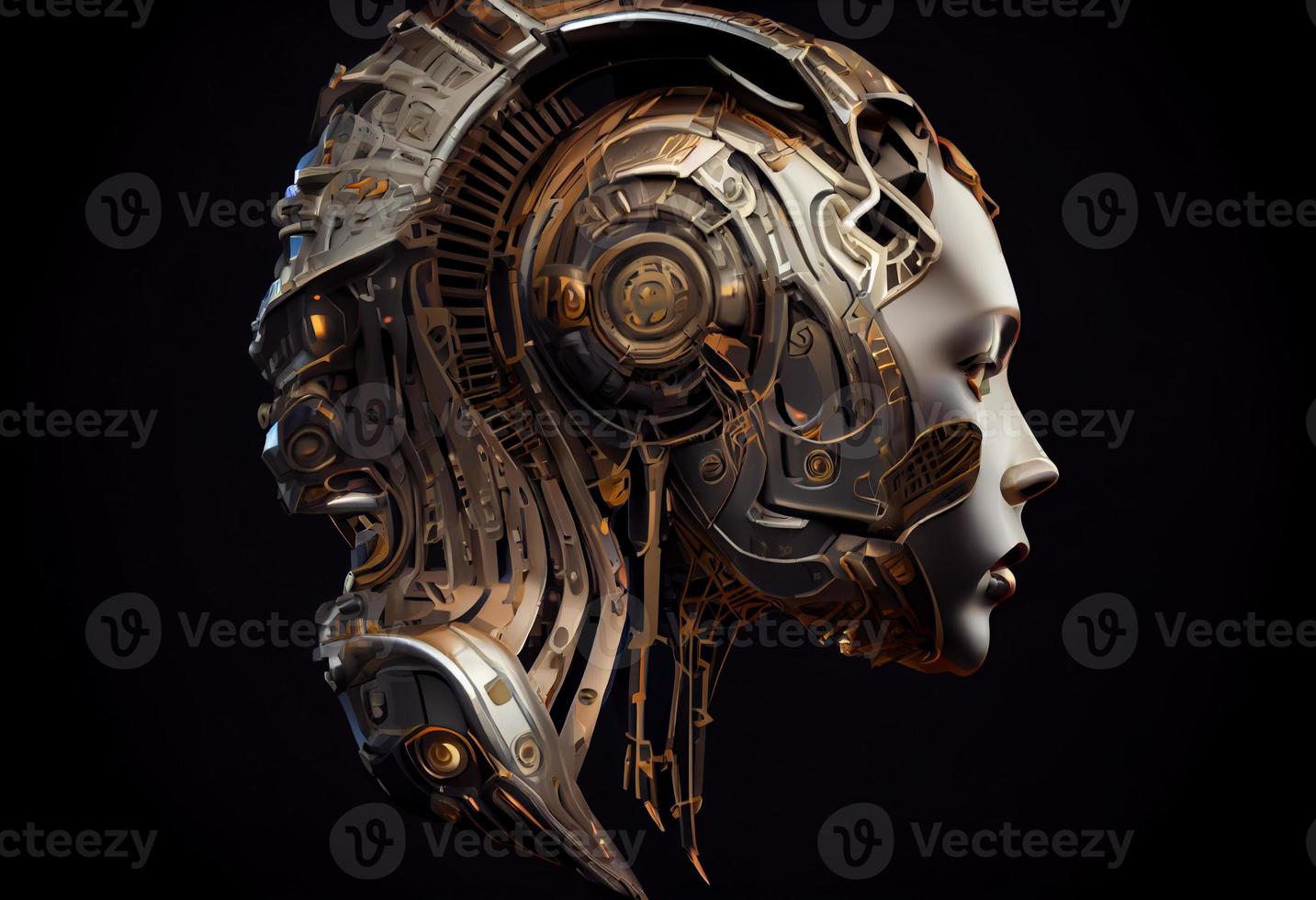 Futuristic robot or cyborg head in profile. Isolated on black background. Generate Ai. photo
