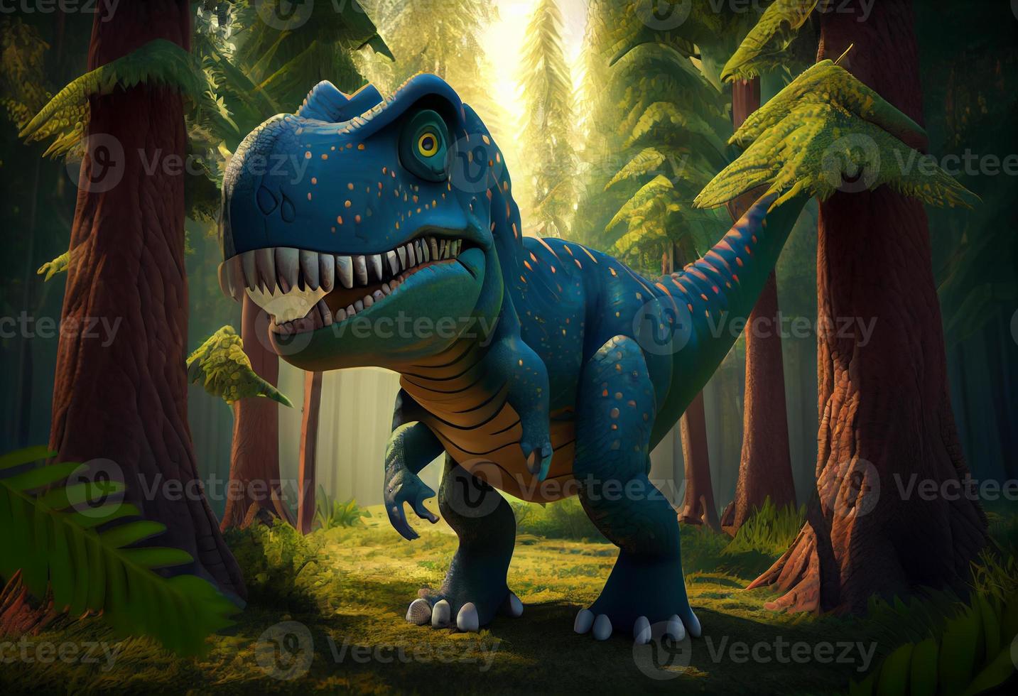 Tyrannosaurus. T. rex dinosaur cartoon character in the forest. Funny animal . Generate Ai. photo