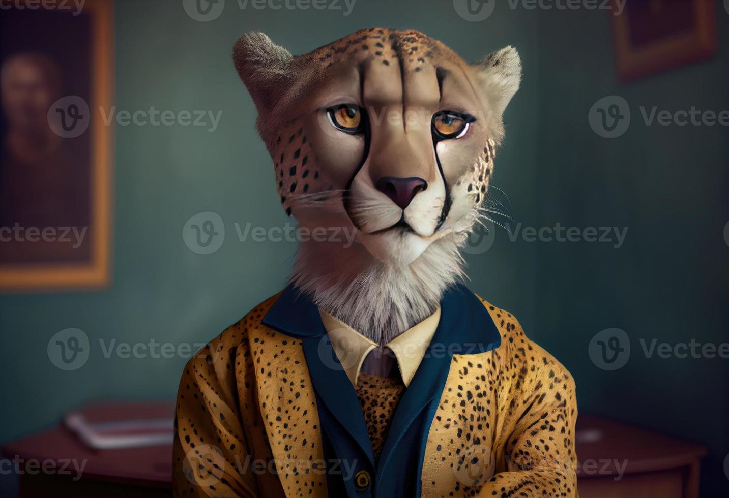 retrato de un antropomórfico leopardo vestido como un colegial en un aula. generar ai. foto