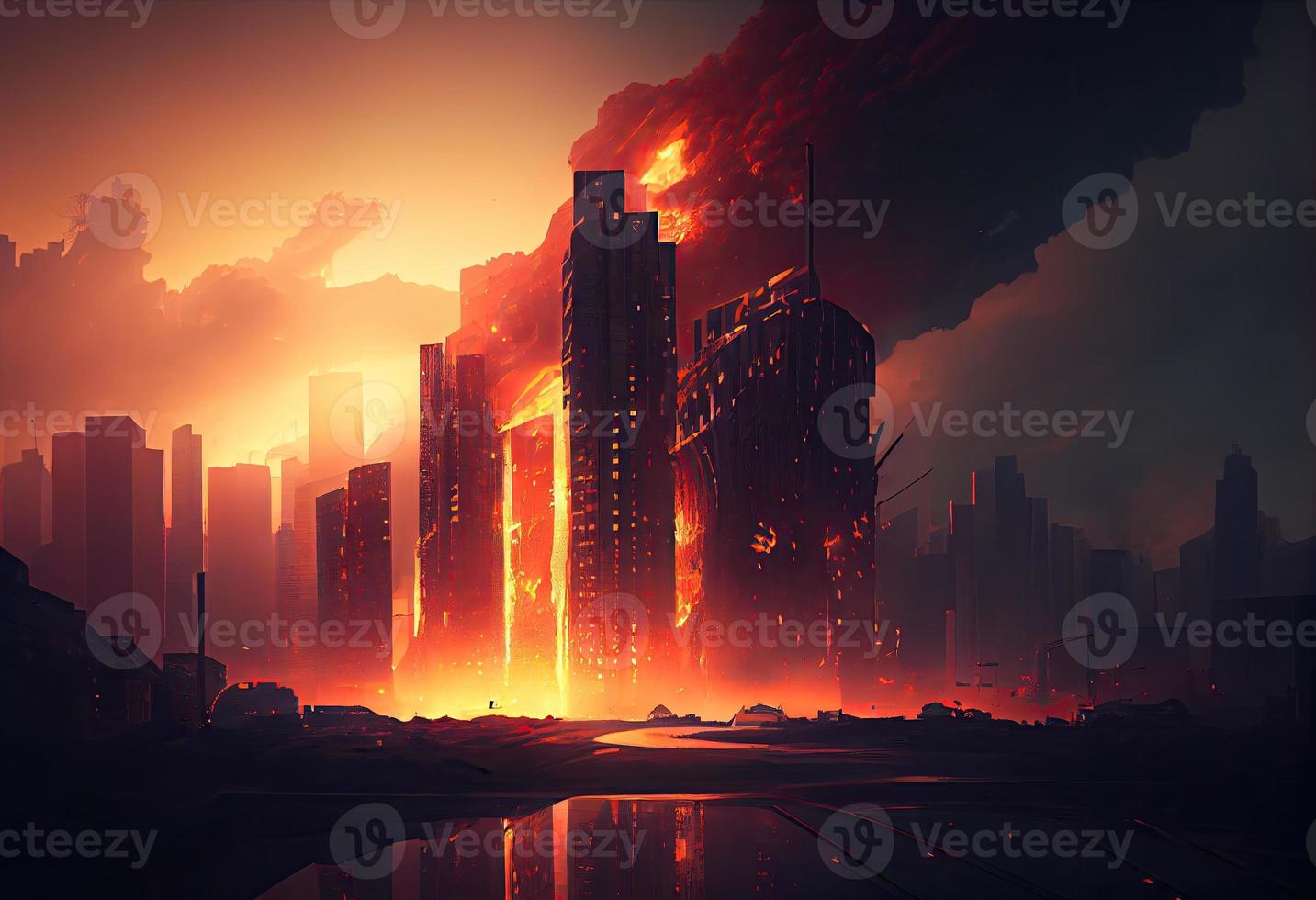 The burning modern city. Generate Ai. photo