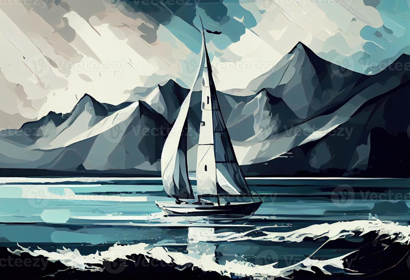 Sailboat against a background of sea digital painting Generate Ai. photo