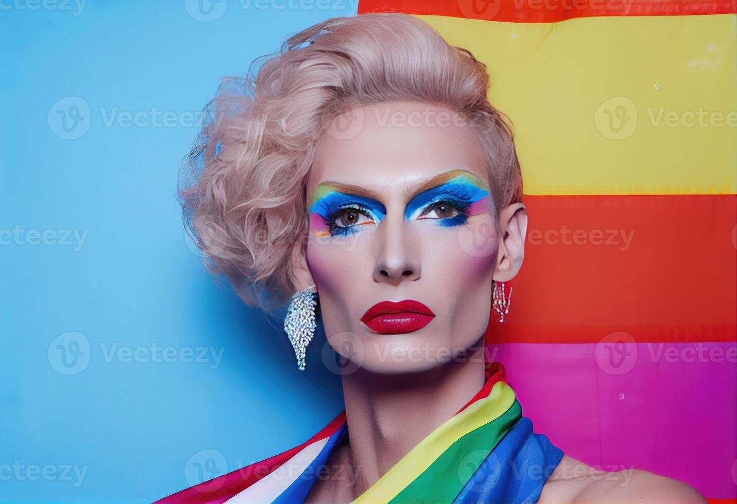 Slim extraordinary drag queen with makeup holding LGBT pride flag against blue background and looking at camera. Generate Ai. Generate Ai. photo