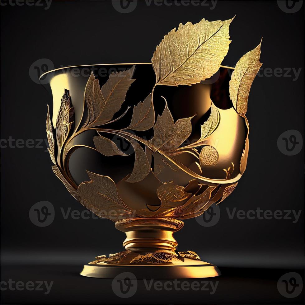 Photo a gold cup with a leaf design on it. Generate Ai.