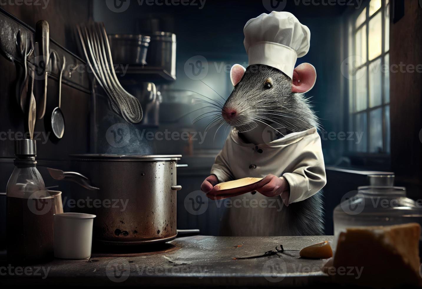 Portrait of a rat chef in a restaurant kitchen. Generate Ai. photo