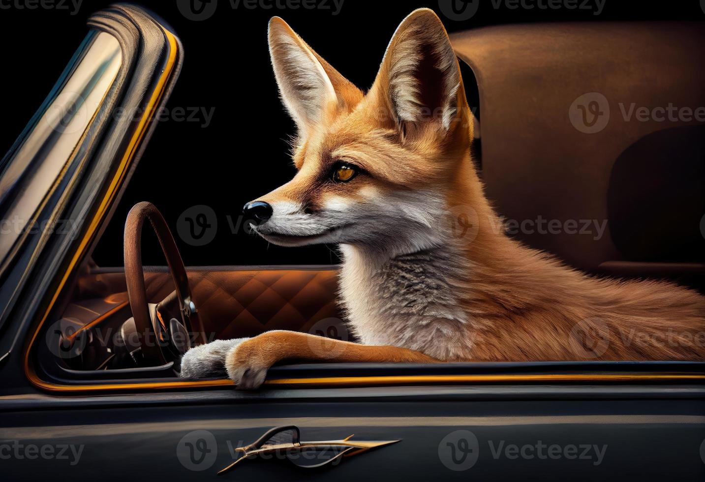 Portrait of a fox traveling in a cabriolet . Generate Ai. photo