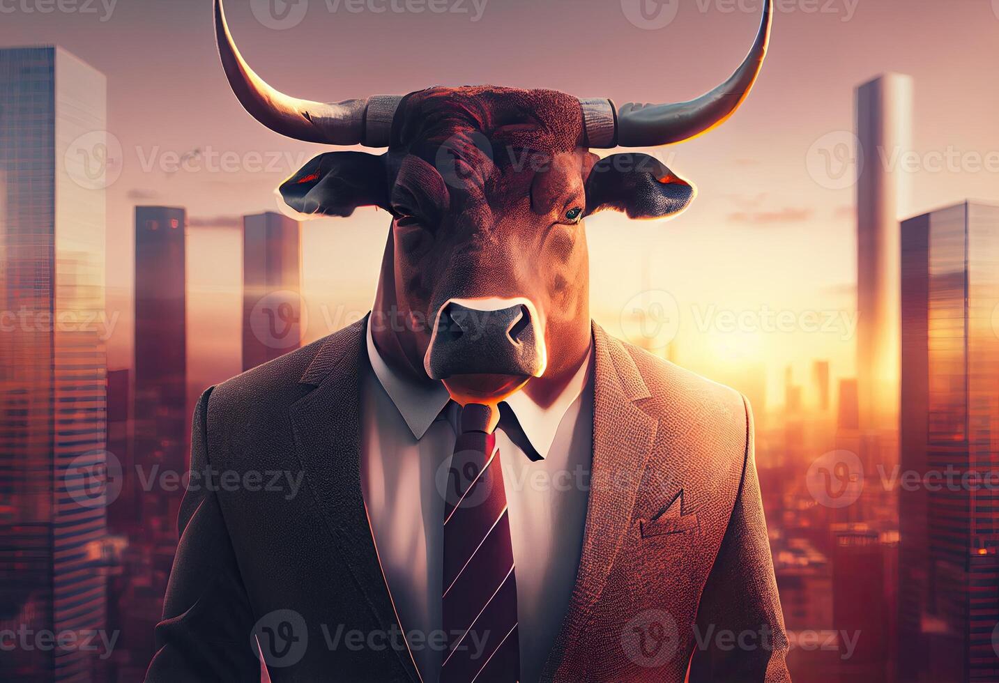 Portrait of an anthropomorphic bull dressed as a businessman against the backdrop of a modern city at sunset. Generate Ai. photo