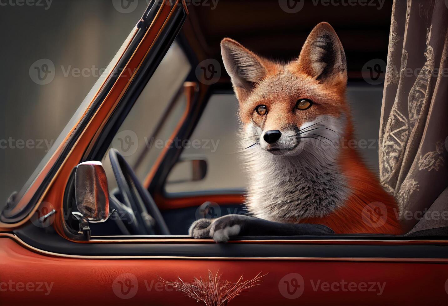 Portrait of a fox traveling in a cabriolet . Generate Ai. photo