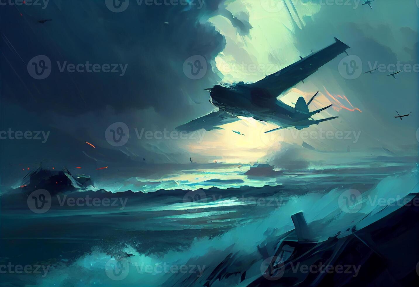 illustration painting of planes flying in the storm . Generate Ai. photo