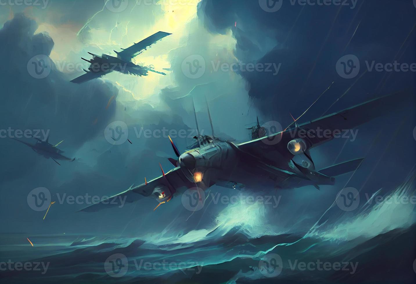 illustration painting of planes flying in the storm . Generate Ai. photo