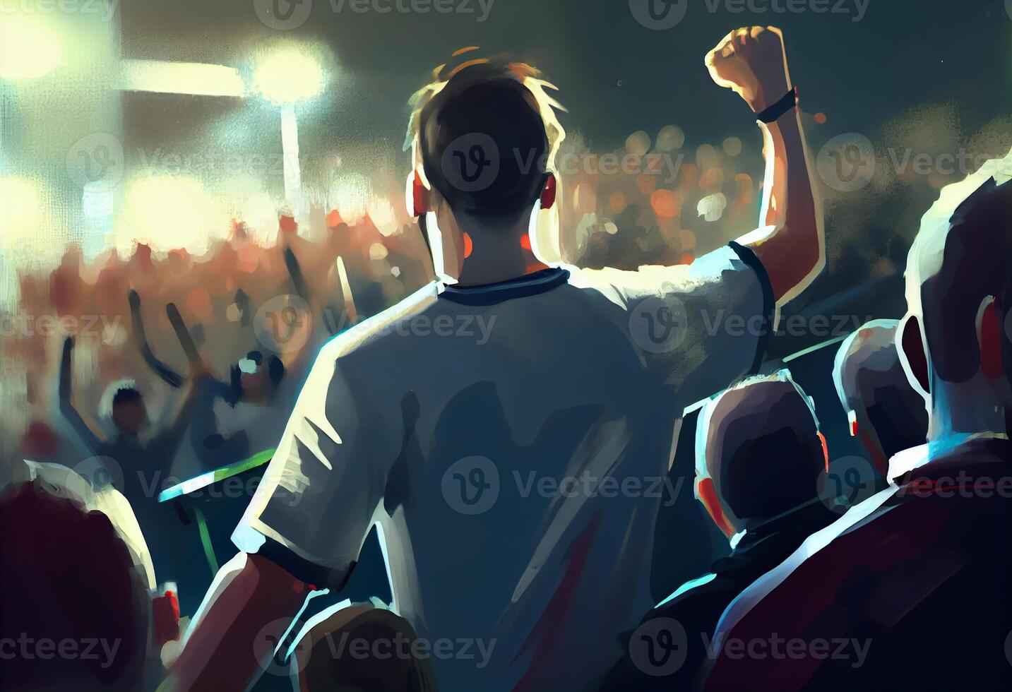 Back view of football, soccer fans cheering their team stadium at evening time.. Generate Ai