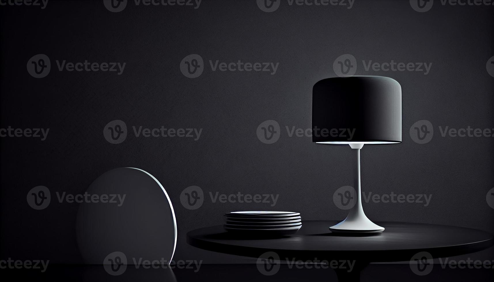 Beautiful minimalistic presentation background with a table and a white lamp against a black textured wall. Generate Ai. photo