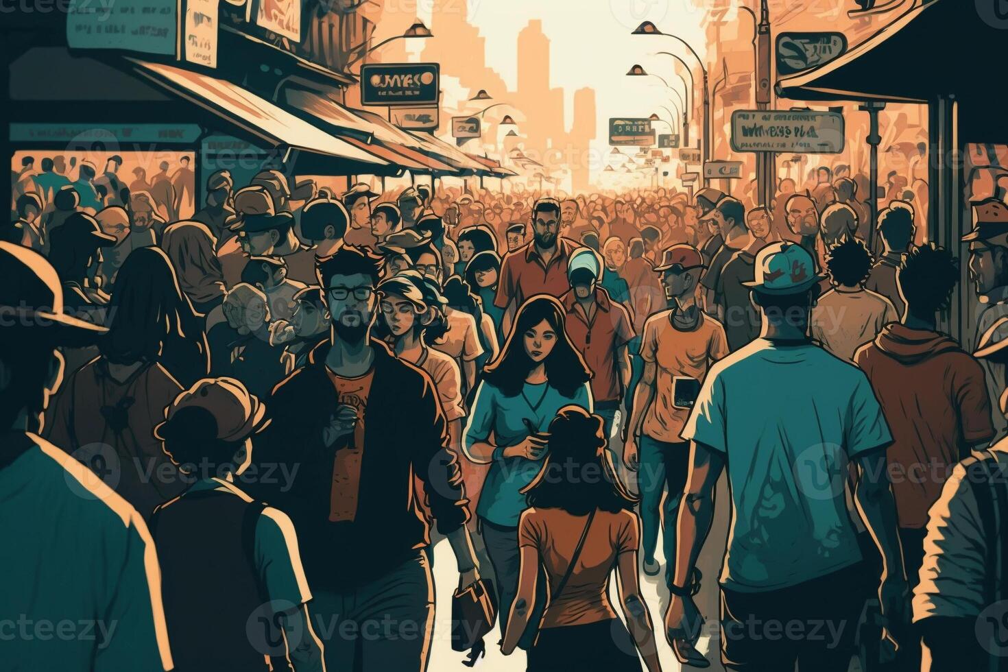 Crowd of people walking street. Generate Ai. photo