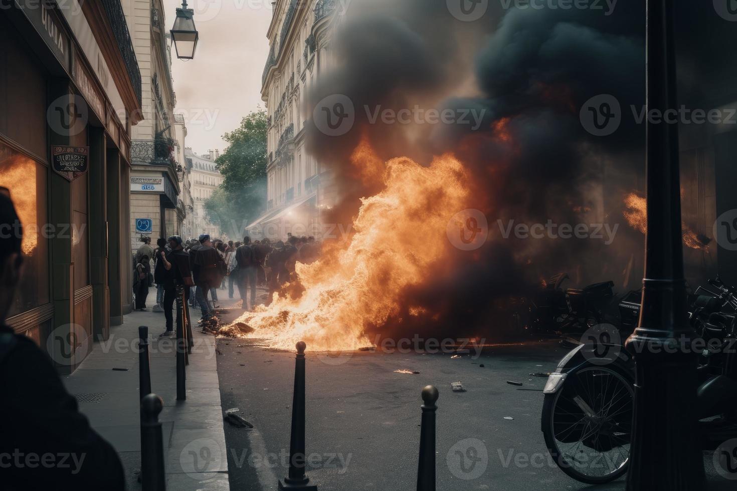 Paris demonstration fire. Generate Ai photo