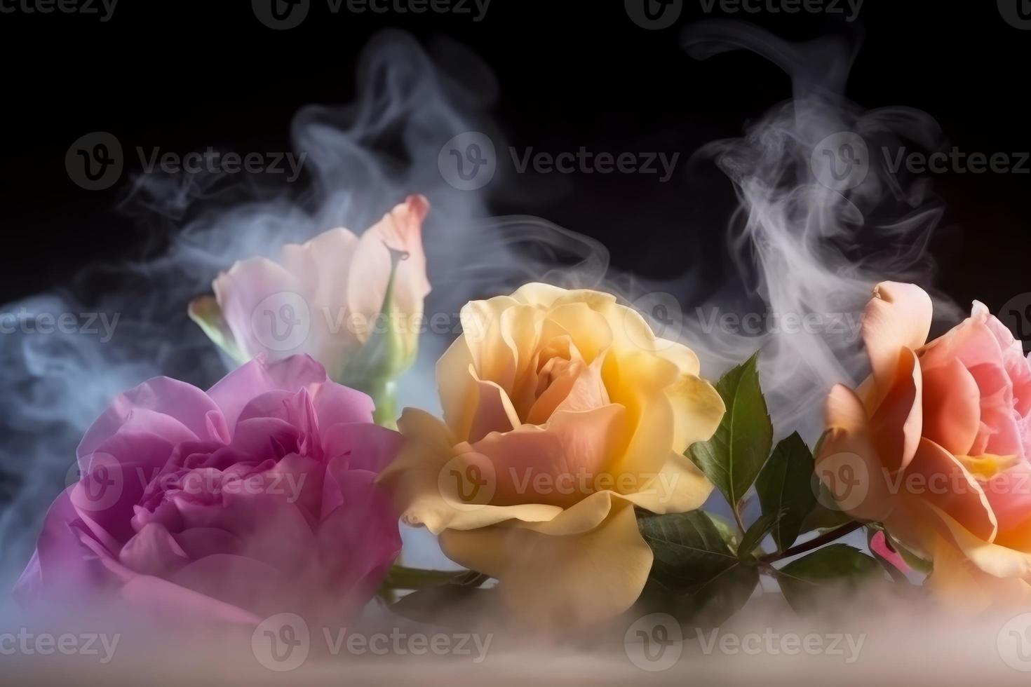 Dramatic rose flowers in smoke. Generate Ai photo