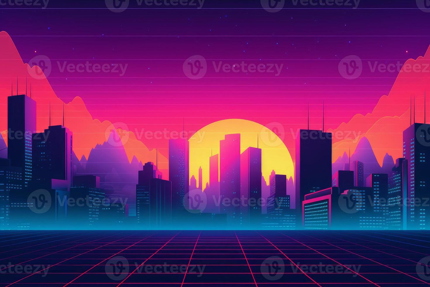 Retro grid city sunset. Generate Ai photo