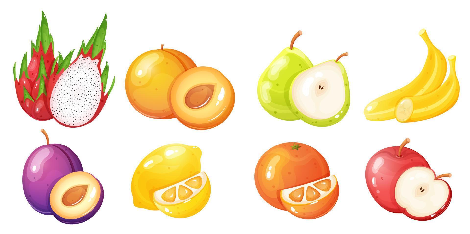 dibujos animados estilo diferente frutas conjunto con rebanadas.. juego interfaz elementos. casino espacio iconos vector