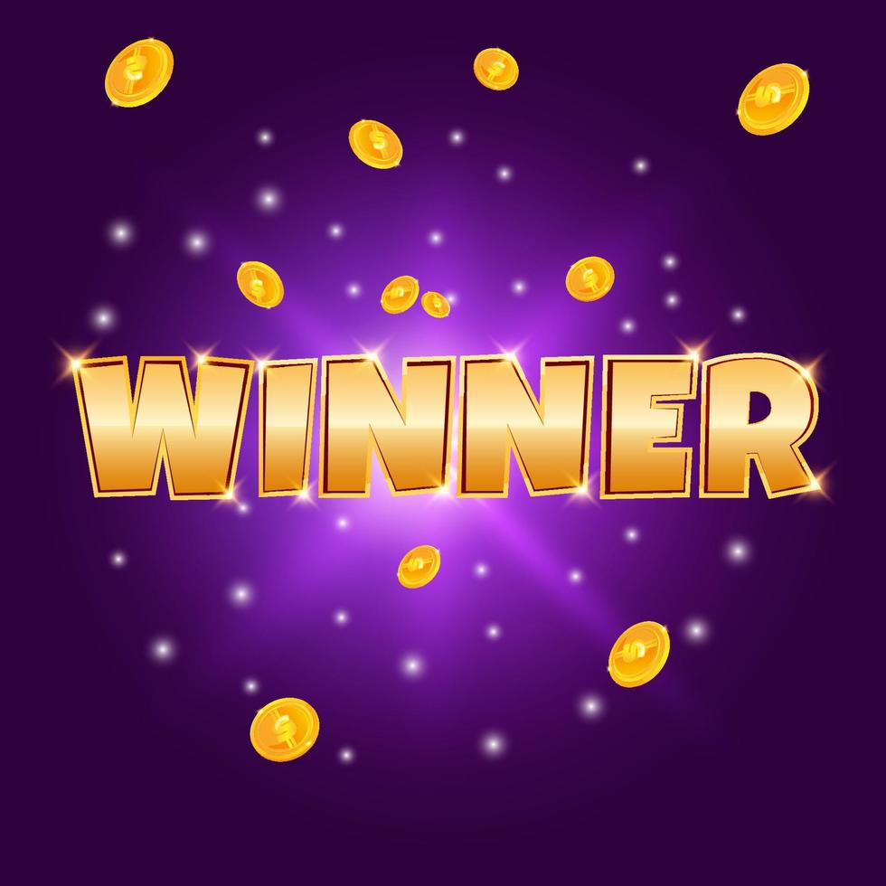 Winner banner with gold text, flying coins and shine elements. Congratulation banner for online game or casino. vector