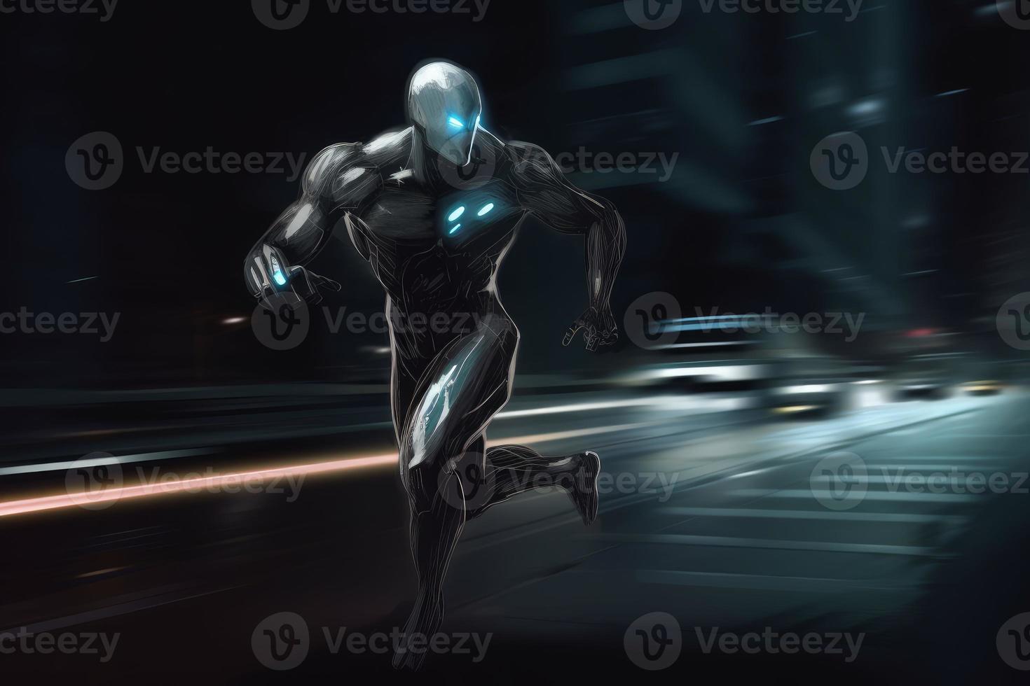 City futuristic robot run. Generate Ai photo
