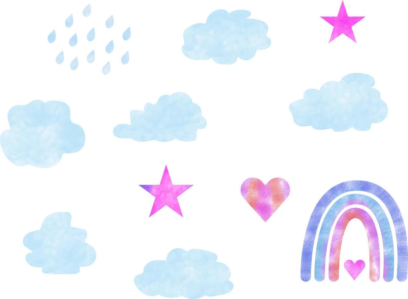 Watercolor set moon rainbow clouds heart star rain vector