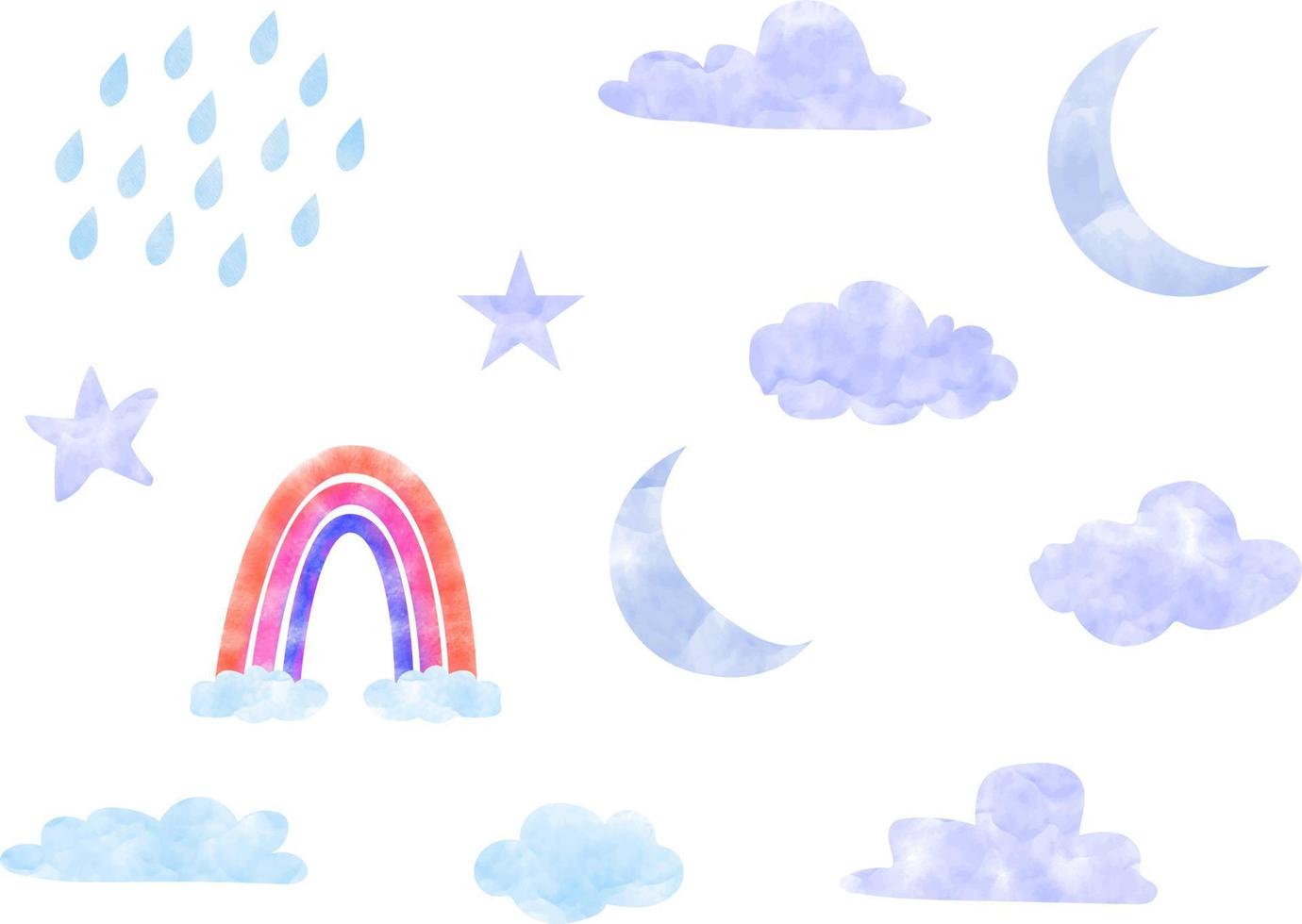 Watercolor set moon rainbow clouds heart star rain vector