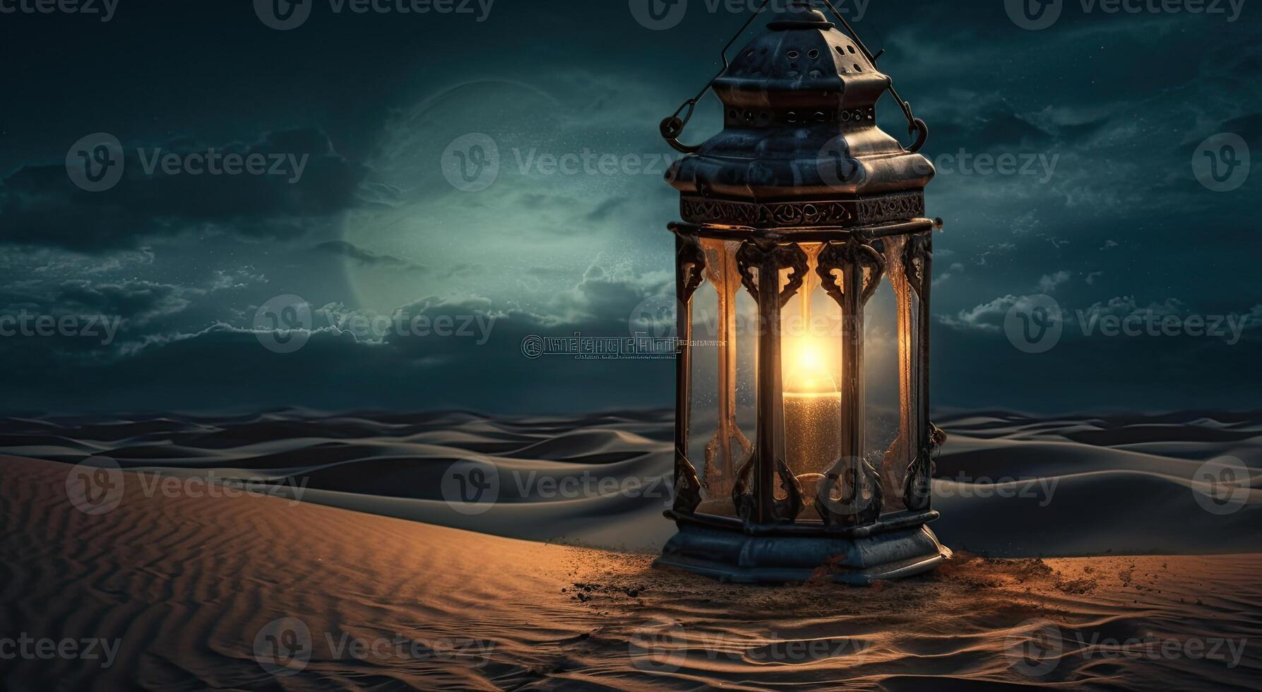 ramadan islamic lantern on desert background, in the style of romantic moonlit seascapes, blue and amber, mysterious dreamscapes, decorative paintings, Illustration photo