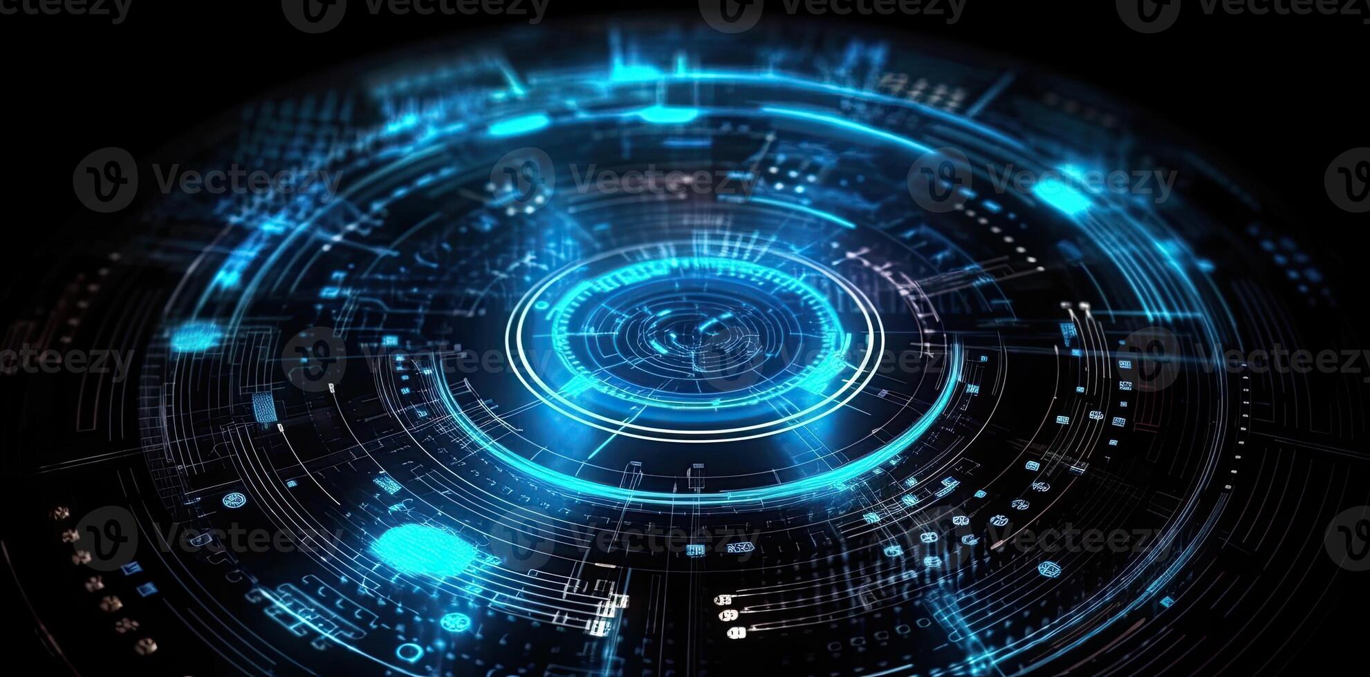 modern technology circle background or abstract image, in the style of rtx on, blueprint, circuitry, lens flare, light navy and sky-blue, Illustration photo