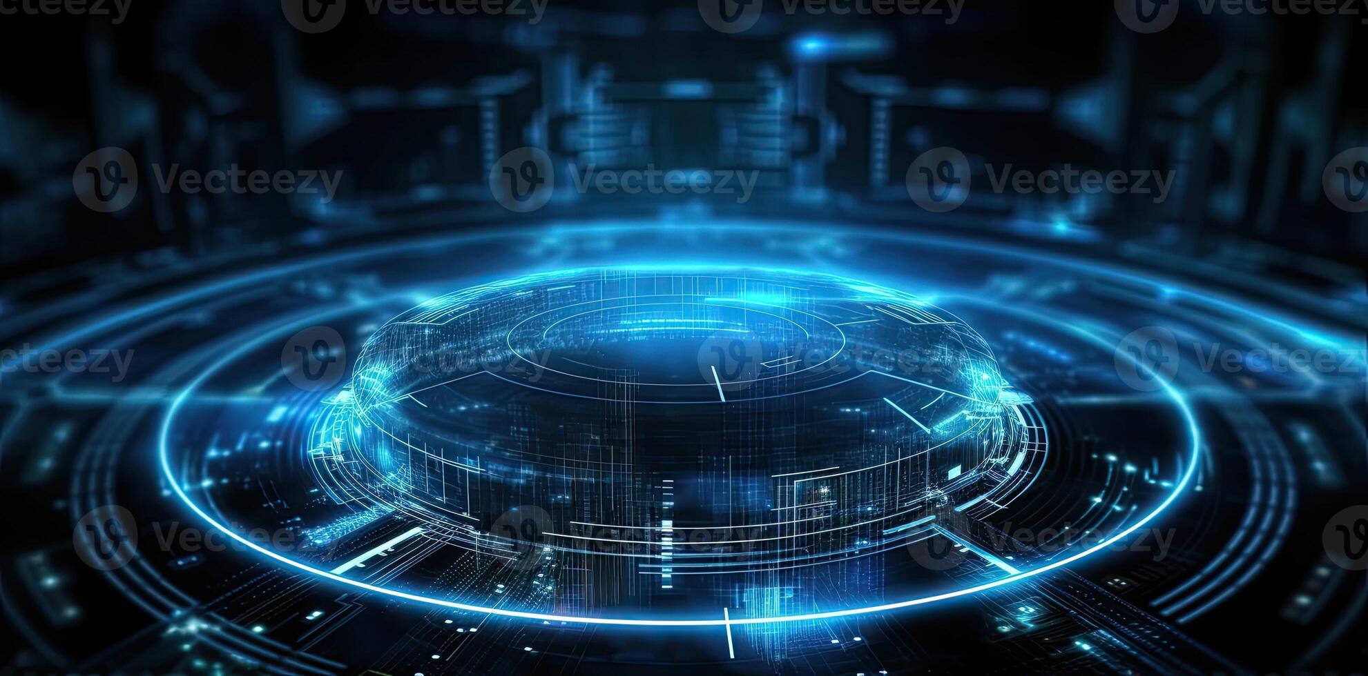 modern technology circle background or abstract image, in the style of rtx on, blueprint, circuitry, lens flare, light navy and sky-blue, Illustration photo