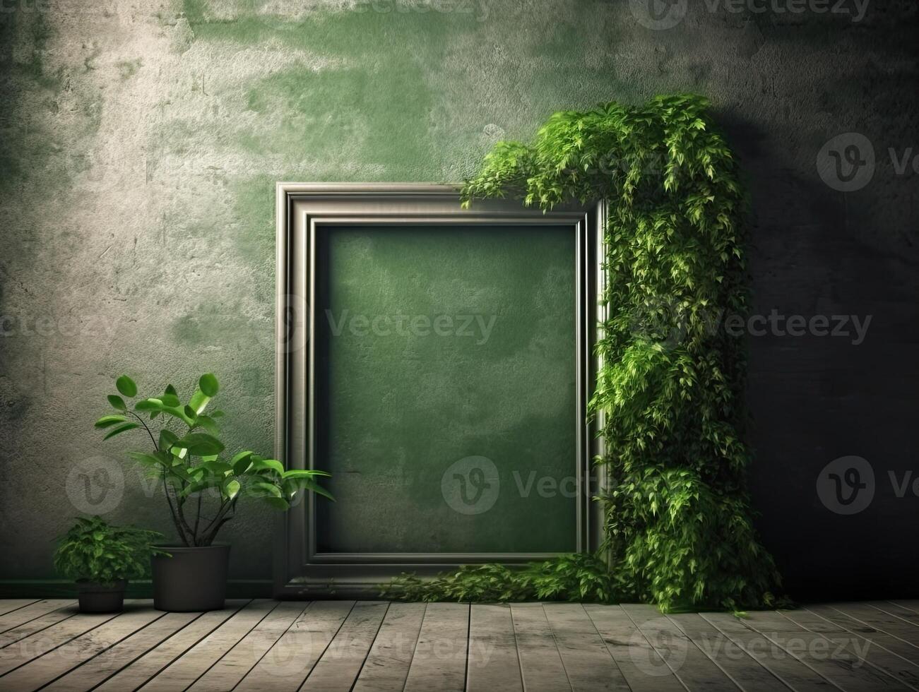 a green wall with flowers and plants behind a blank frame, in the style of poster, interior scenes, photobashing, environmentally inspired, hinchel or, industrial-inspired, Illustration photo