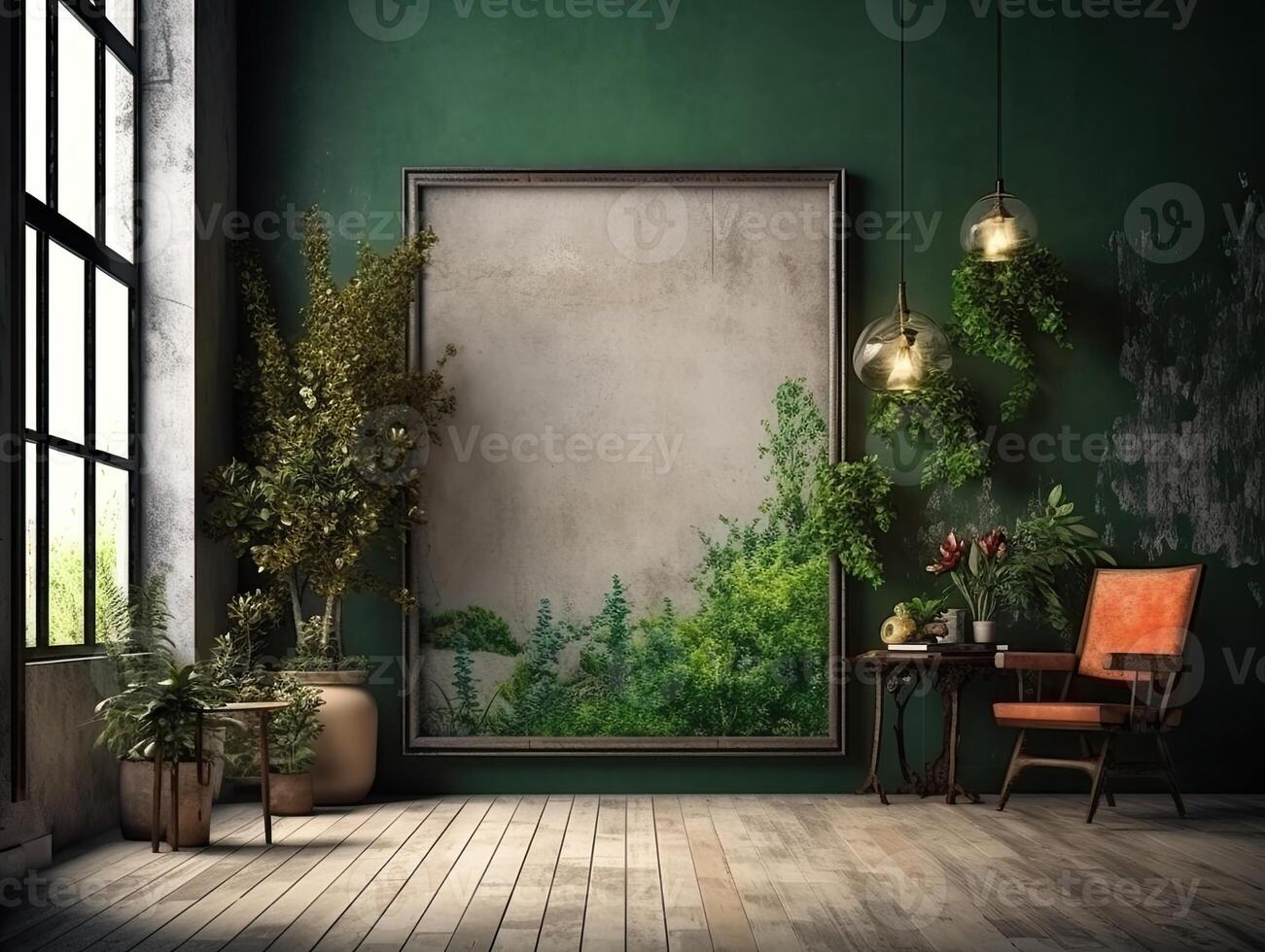 a green wall with flowers and plants behind a blank frame, in the style of poster, interior scenes, photobashing, environmentally inspired, hinchel or, industrial-inspired, Illustration photo