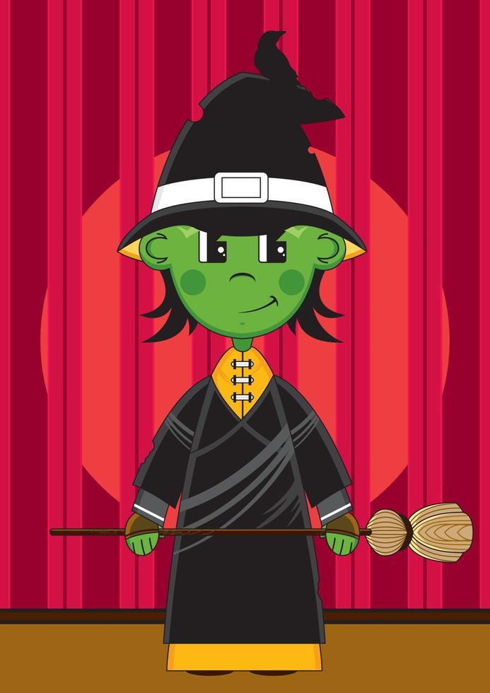 Cute Cartoon Magical Witch with Broomstick Halloween Illustration vector