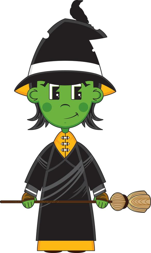 Cute Cartoon Magical Witch with Broomstick and Raven Halloween Illustration vector