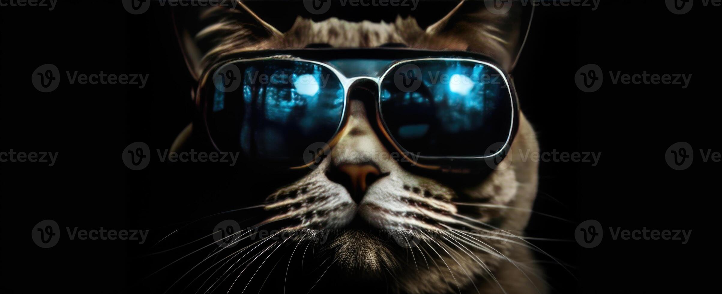 Cool Cat in Blue Sunglasses, Striking Black Backdrop, Ultimate Feline Fashion photo