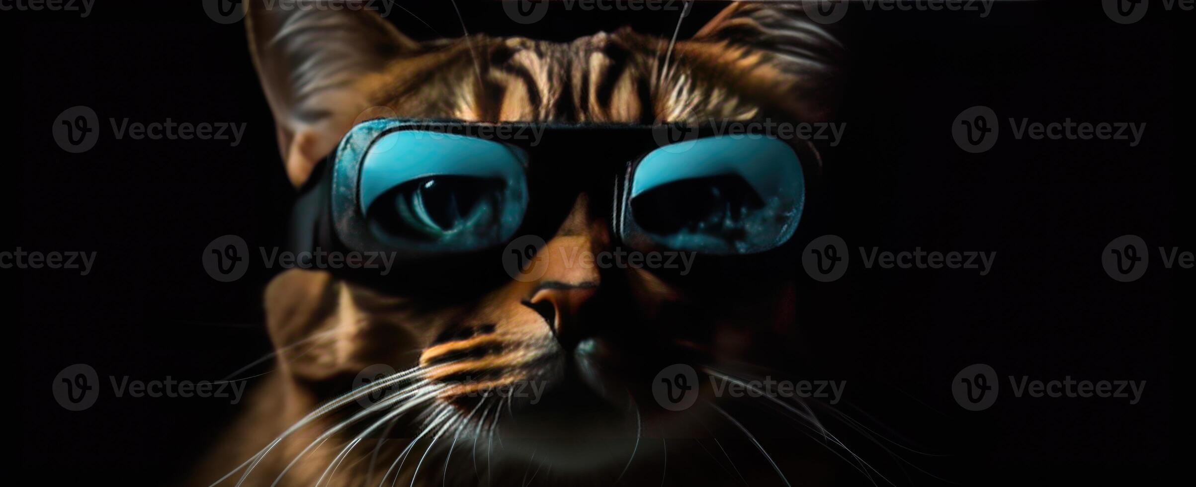 Cool Cat in Blue Sunglasses, Striking Black Backdrop, Ultimate Feline Fashion photo