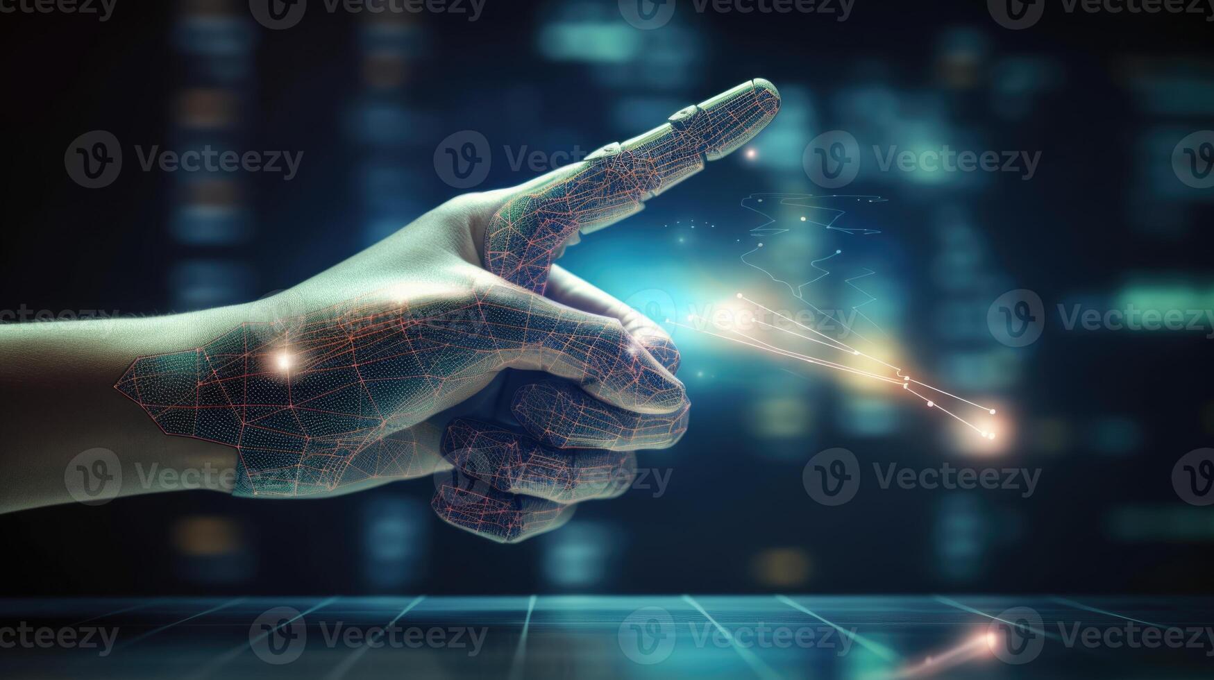 Robot Hand Interacting with Digital Display, Dark Ambiance, Tech and Finance Fusion photo
