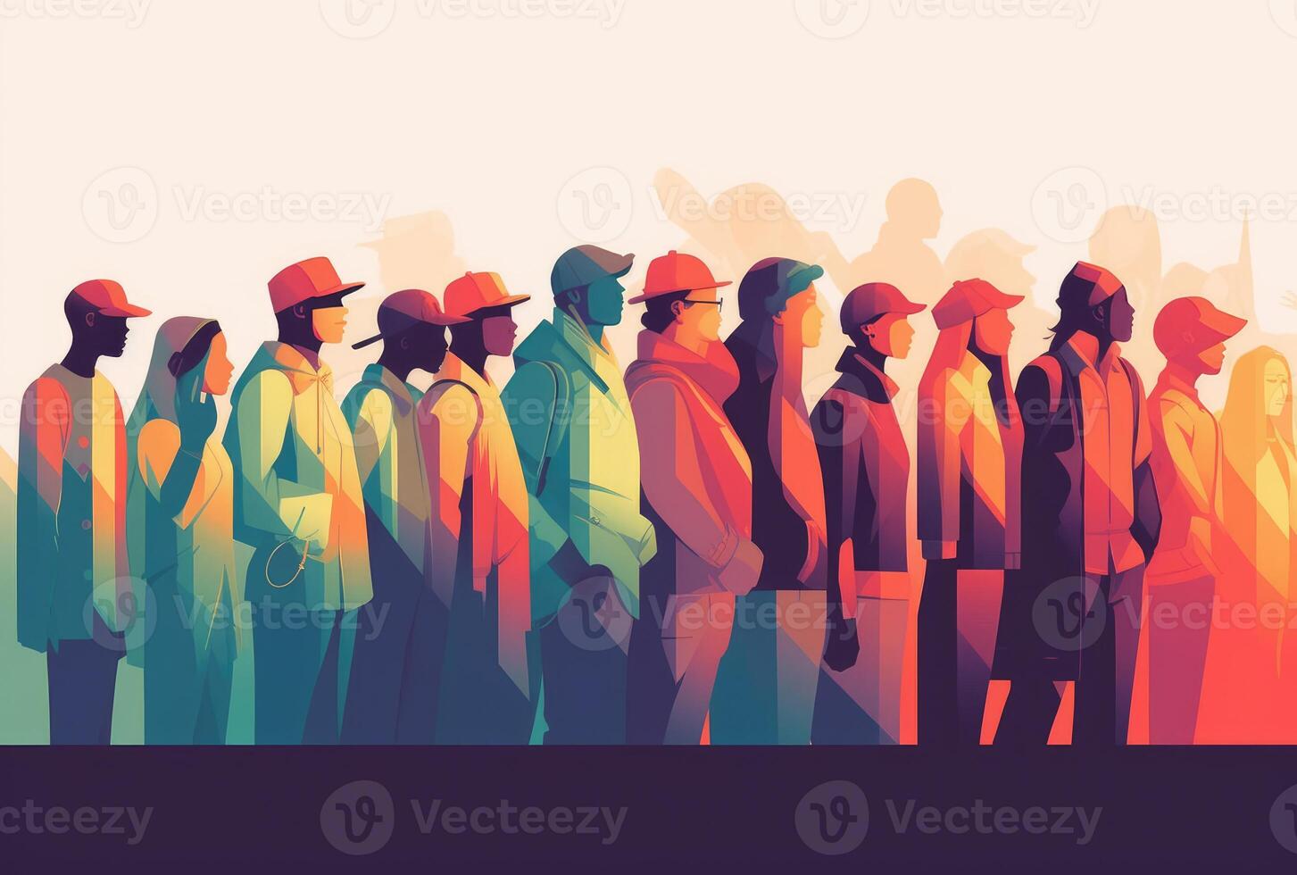 Multicultural Crowd Silhouettes, Colorful Stripes, Flat Vector Illustration Style. photo