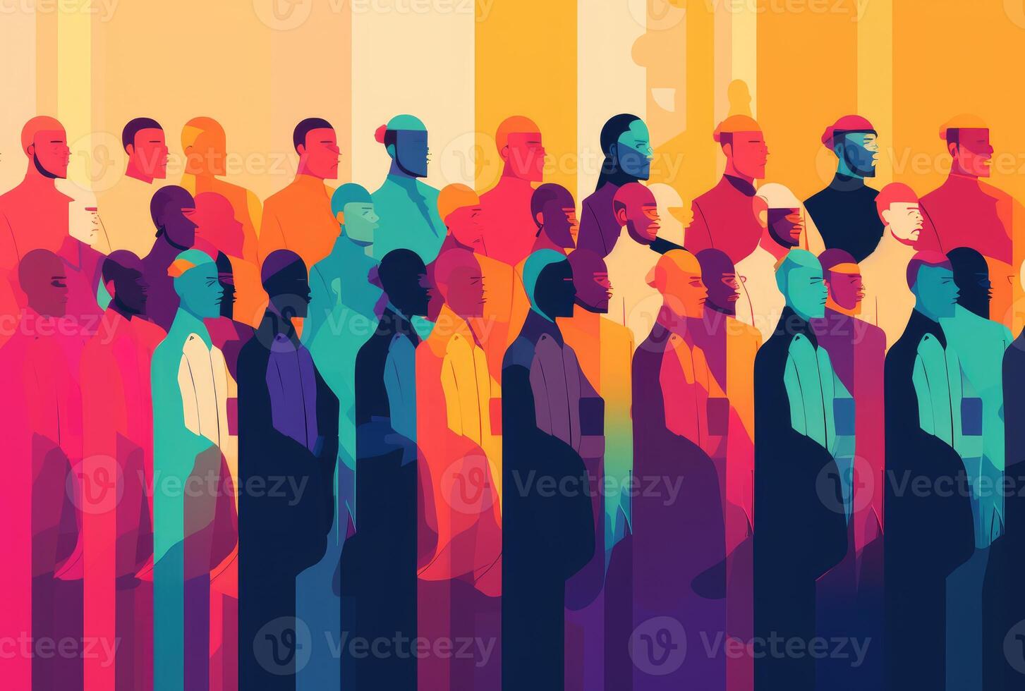 Multicultural Crowd Silhouettes, Colorful Stripes, Flat Vector Illustration Style. photo