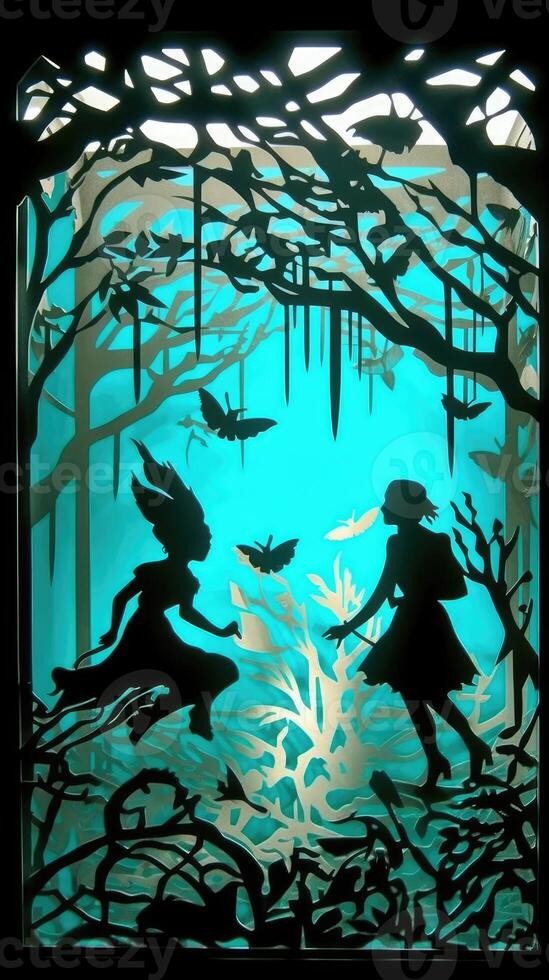 Captivating Lucky Bunny Tarot Card, Cut Paper Origami Art, Dark Turquoise and Light Orange, Luxurious Wall Hanging. photo