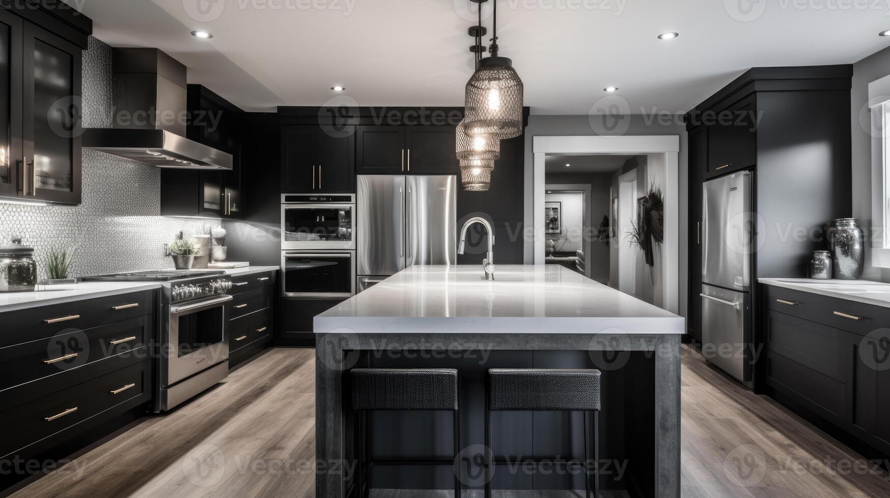 Interior of modern kitchen with black and wooden walls, concrete floor, wooden countertops and bar with stools. photo