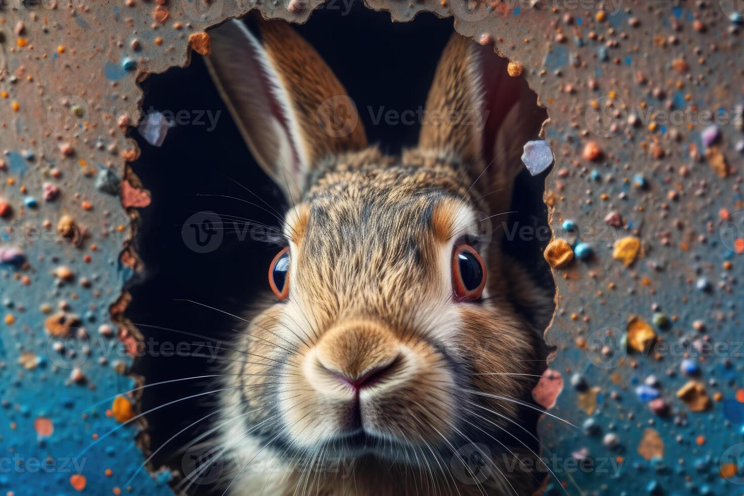 Easter Bunny and Colorful Easter Eggs Background. Digital Painting. photo
