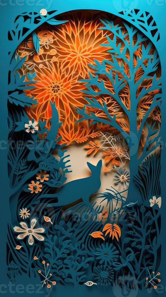 art work by papercraft in the style of dreamy atmospheres, dark cyan and orange, intricate illustrations, joyful celebration of nature, soft and dreamy atmosphere. photo