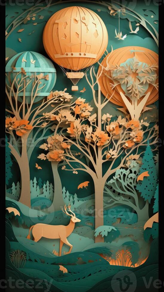 a paper art with hot air balloon flying with trees and deer in the sky, in the style of dark turquoise and light orange, wallpaper, multilayered dimensions, luxurious wall hangings. photo