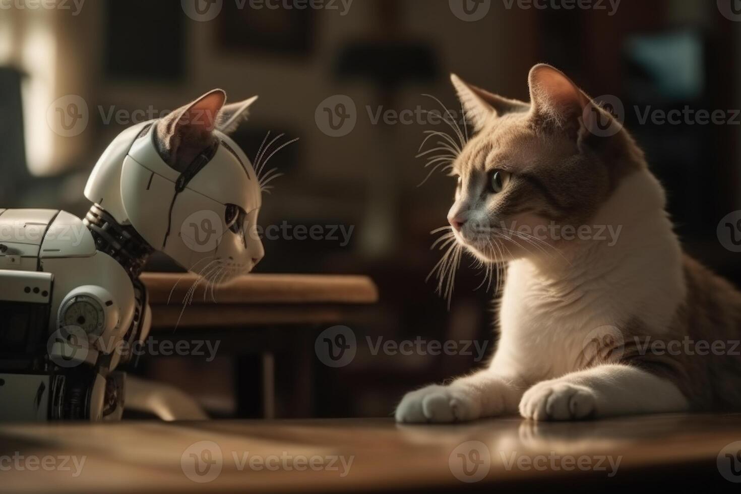 Cute cat and robot on table at home. Artificial intelligence concept. photo