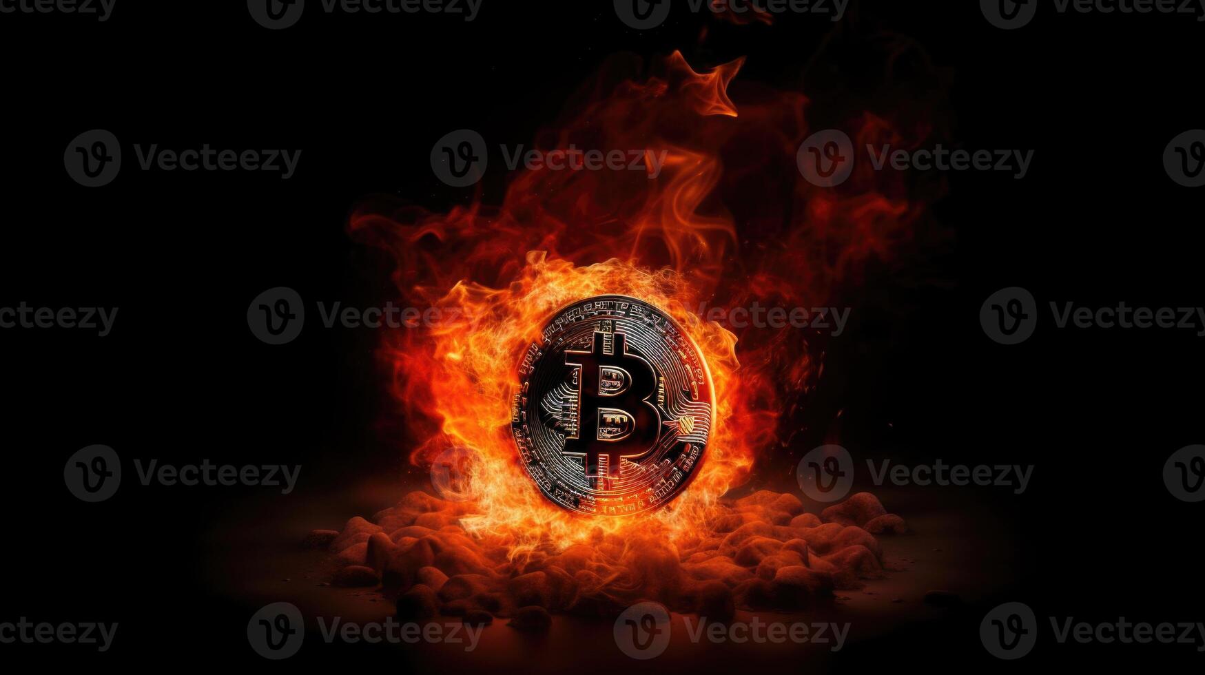 Flaming Bitcoin, Striking 3D Render, CGI Illustration, Dramatic Black Backdrop photo