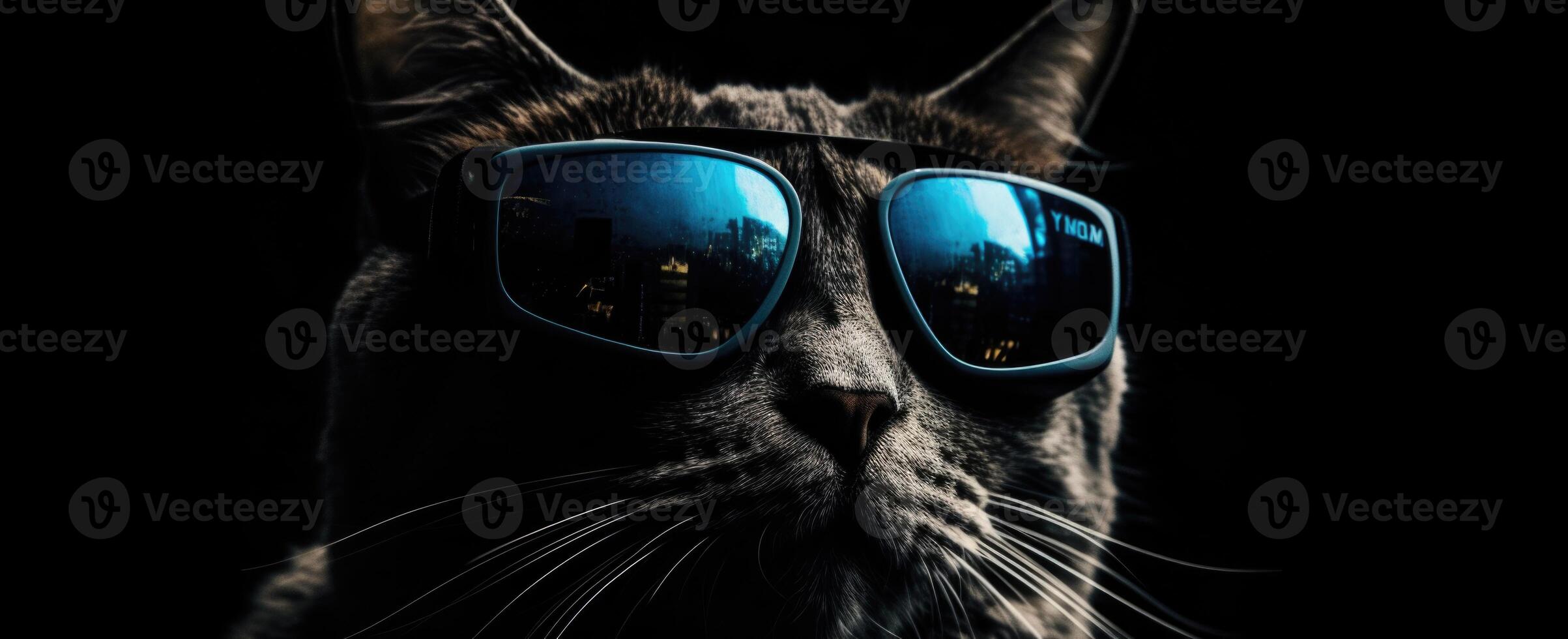 frio gato en azul Gafas de sol, sorprendentes negro fondo, último felino Moda generativo ai foto